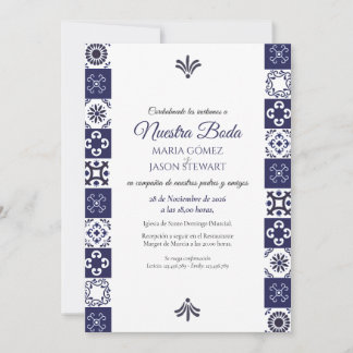 Invitación Talavera Mayólica Azul Marino Blanco Boda Española