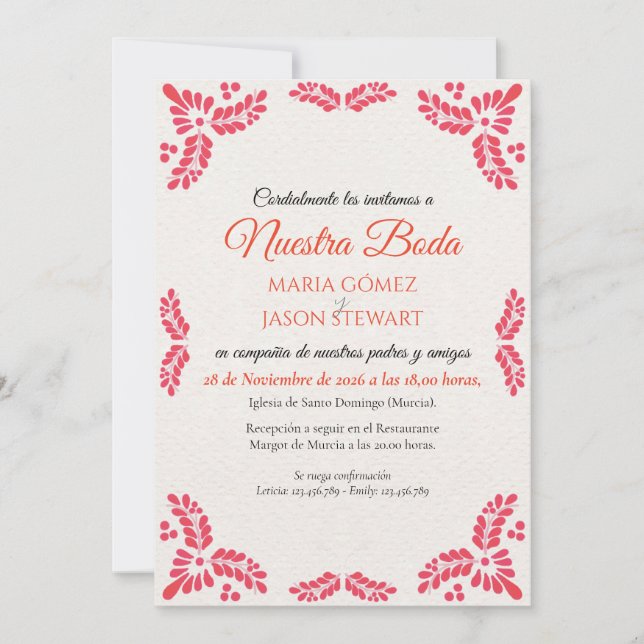 Invitación Talavera Orange Floral Minimalist Spanish Wedding (Anverso)