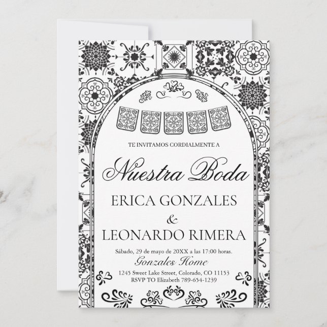 Invitación Talavera Papel Picado Boda Española (Anverso)
