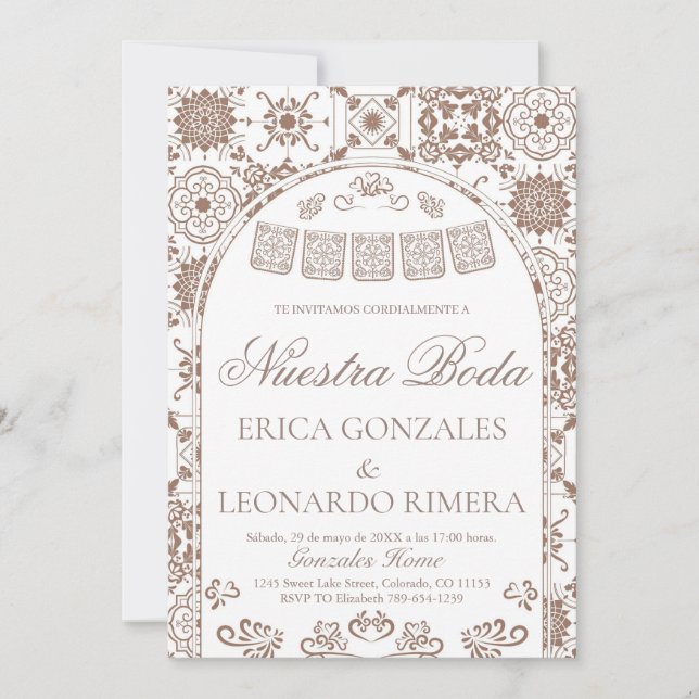 Invitación Talavera Papel Picado Boda Española (Anverso)