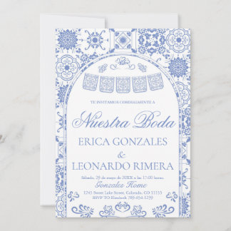 Invitación Talavera Polvo Azul Papel Picado Boda Española