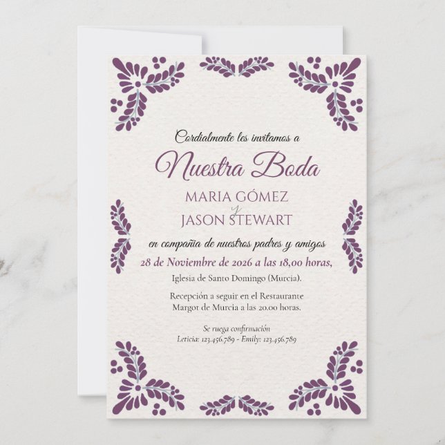 Invitación Talavera Purple Floral Minimalist Spanish Wedding (Anverso)