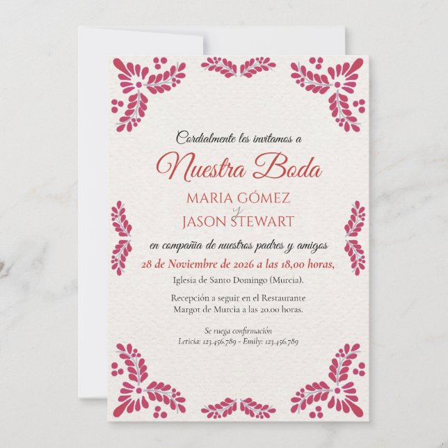 Invitación Talavera Red Floral Minimalist Spanish Wedding (Anverso)