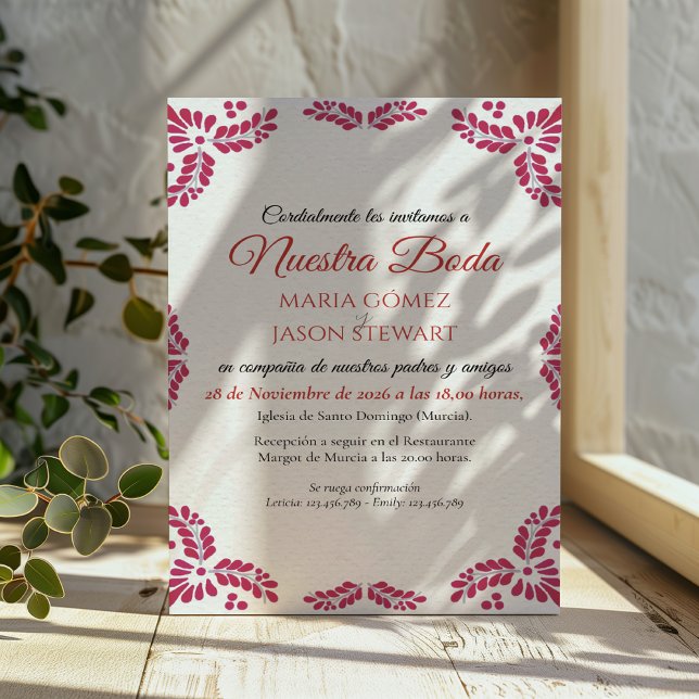 Invitación Talavera Red Floral Minimalist Spanish Wedding (Talavera Red Floral Minimalist Spanish Wedding Invitation)