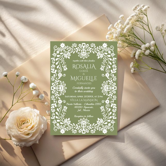 Invitación Talavera sage green Mexican wedding (Talavera sage green Mexican wedding Invitation cards template folk art border wedding cards)