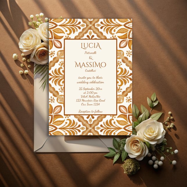 Invitación Talavera terracotta vintage boda mexicana (Terracotta vintage Mexican Talavera wedding Invitations with RSVP template instant download marron)