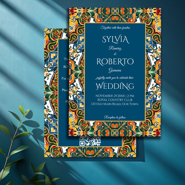 Invitación Talavera verde azulada y elegante boda con RSVP (Mexican Talavera teal elegant wedding with RSVP Invitation template vintage Mexican wedding cards)