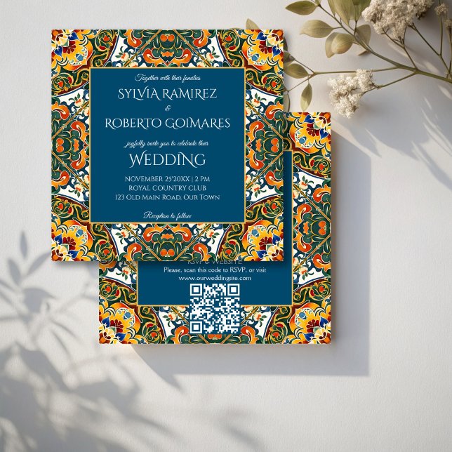 Invitación Talavera verde azulada y elegante boda con RSVP (Mexican Talavera teal colorful ornate elegant wedding invitations with RSVP editable template)