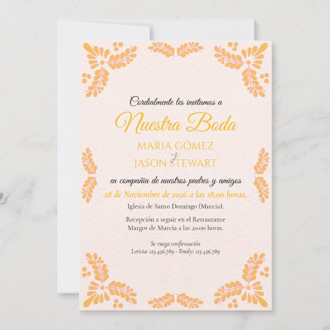 Invitación Talavera Yellow Floral Minimalist Spanish Wedding (Anverso)