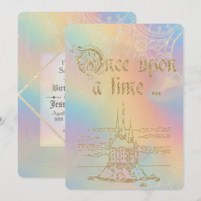 Invitación Tale de hadas Castillo de oro sobre arcoiris (Anverso / Reverso)
