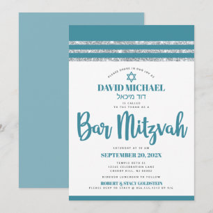 Invitación Talit Verde Plata Bar Mitzvah Negrita Simple Moder