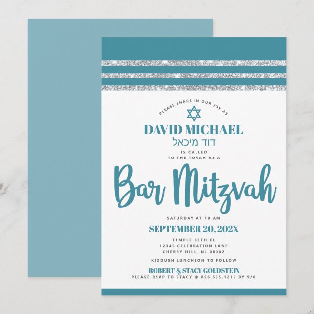 Invitación Talit Verde Plata Bar Mitzvah Negrita Simple Moder (Anverso / Reverso)