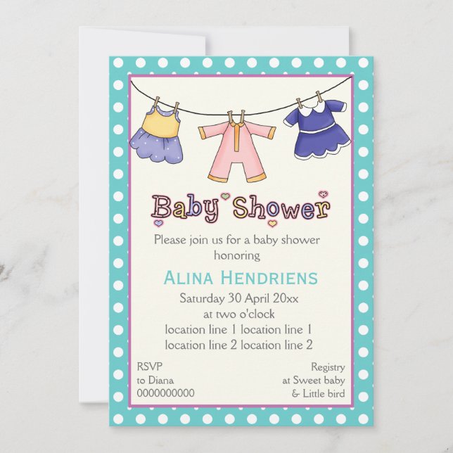 Invitación Talla de ropa de bebé ducha personalizada (Anverso)