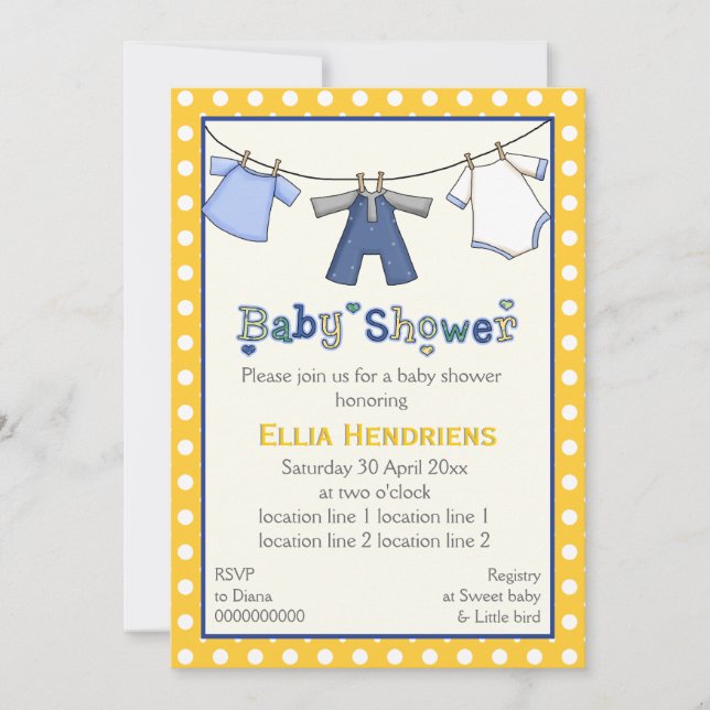 Invitación Talla de ropa de bebé ducha personalizada (Anverso)