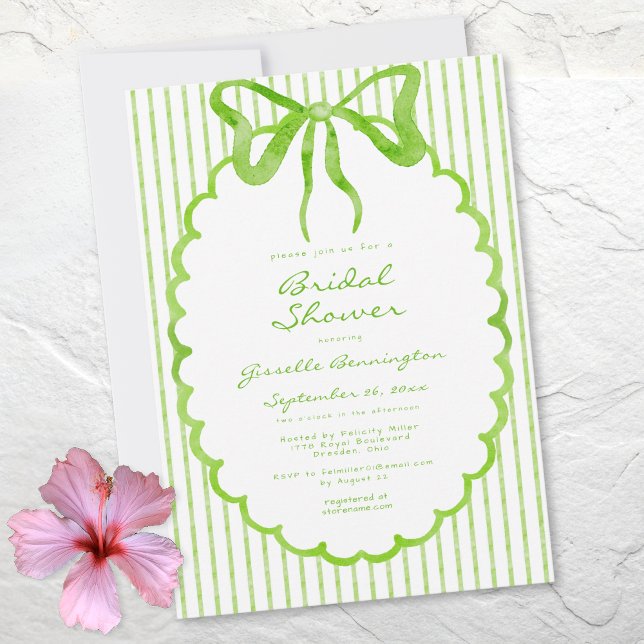 Invitación Taller de Despedida de Soltera con Lazo de Acuarel (Whimsical Lime Watercolor Bow Stripe Bridal Shower Invitation)