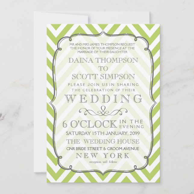 Invitación Tallos Tiernos Rayas de Chevron Verde Lima Boda (Anverso)