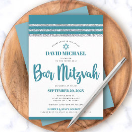 Invitación Tallt de Bar Mitzvah Plata Verde Acuario Simple Mo