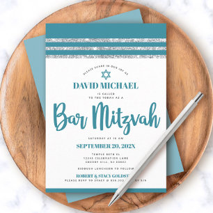 Invitación Tallt de Bar Mitzvah Plata Verde Acuario Simple Mo