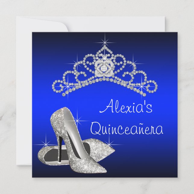 Invitación Talones altos Tiara Royal Blue Quinceanera (Anverso)