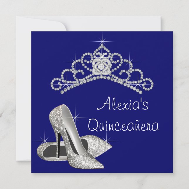 Invitación Talones altos Tiara Royal Blue Quinceanera (Anverso)