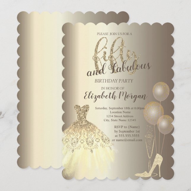 Invitación Talones altos, vestidos, champagne 50 cumpleaños (Anverso / Reverso)