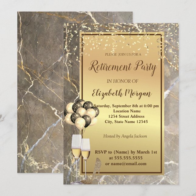 Invitación Talones de oro, vidrio, balones, Fiesta de jubilac (Anverso / Reverso)