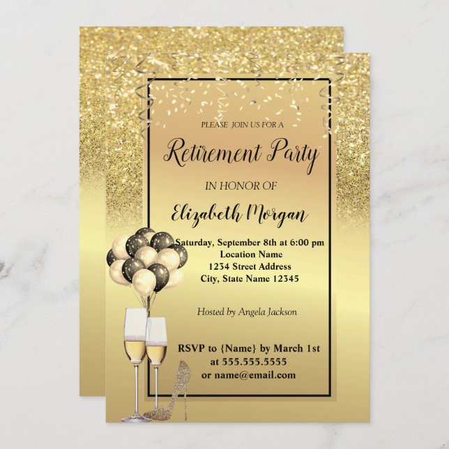 Invitación Talones de Purpurina de oro, vidrio, Fiesta de ret (Anverso / Reverso)