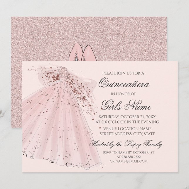 Invitación Talones rosados Rosas y guata Quinceañera (Anverso / Reverso)