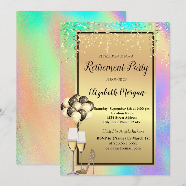 Invitación Talones, vidrio, globos, jubilación holográfica (Anverso / Reverso)
