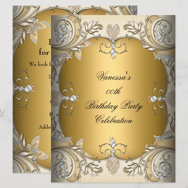 Invitación Tamaño Grande Cumpleaños Sepia Café Dorado (Anverso / Reverso)