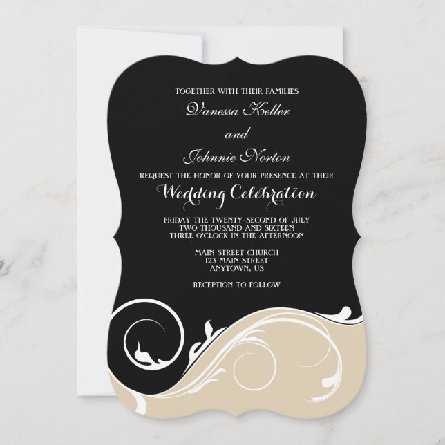 Invitación Tan Beige Black Swirl Bracket Wedding Invita (Anverso)