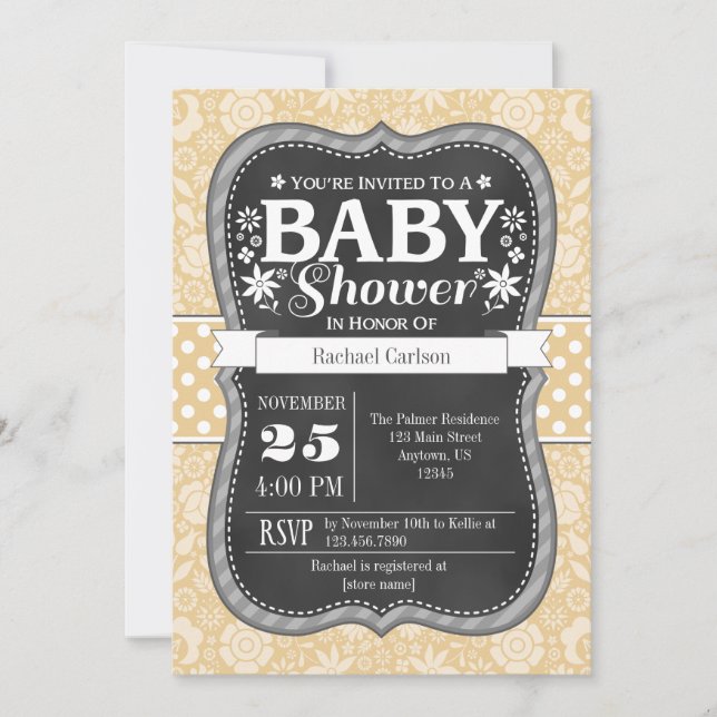 Invitación Tan Beige Cream Chalkboard Floral Baby Shower (Anverso)