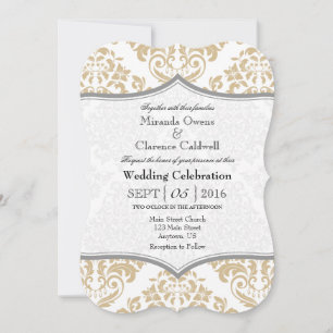 Invitación Tan Beige Gray Damask Bracket Invite