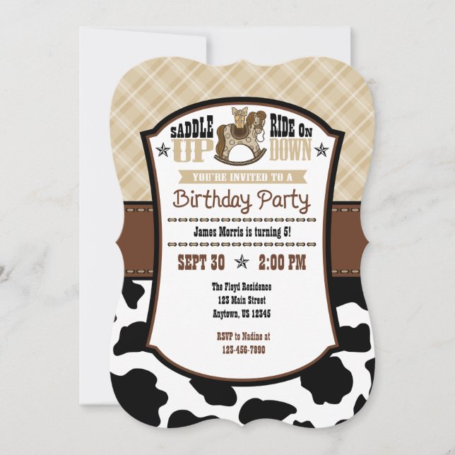 Invitación Tan Beige Plaid Piel de vaca Cowboy Invito de cump (Anverso)