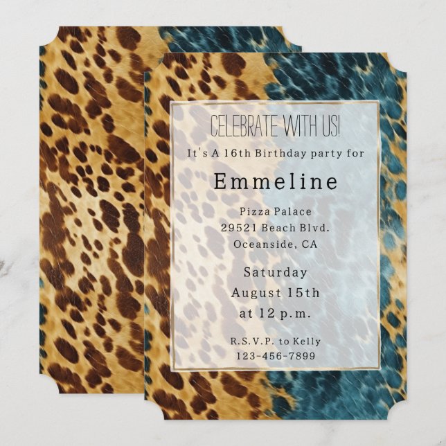 Invitación Tan Brown Blue Southwest Piel de vaca (Anverso / Reverso)