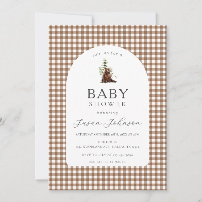 Invitación Tan Brown Check Plaid Gingham Boy Bear Baby Shower (Anverso)