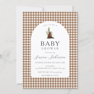 Invitación Tan Brown Check Plaid Gingham Boy Bear Baby Shower