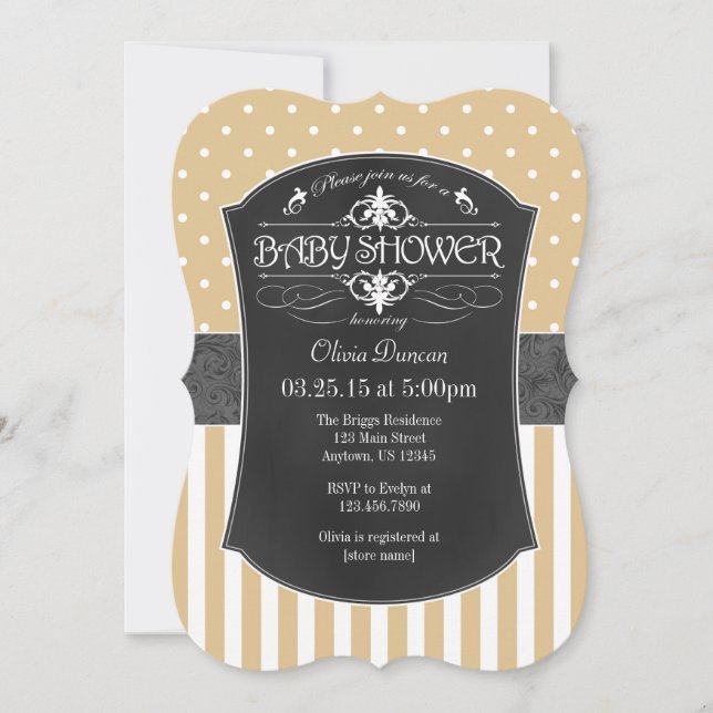Invitación Tan Brown Grey Chalkboard Stripes Baby Shower (Anverso)