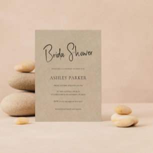 Invitación Tan Color Linen Simple Black Script Bridal Shower