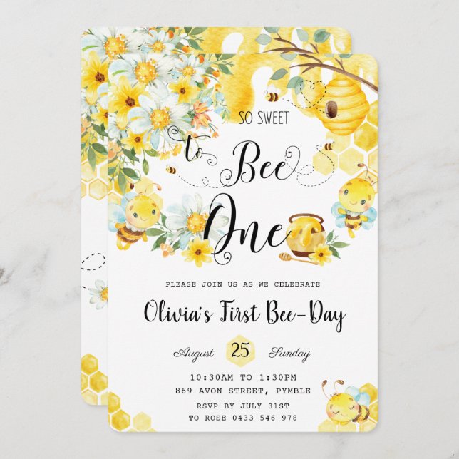 Invitación Tan dulce como ser una abeja dulce primer cumpleañ (Anverso / Reverso)