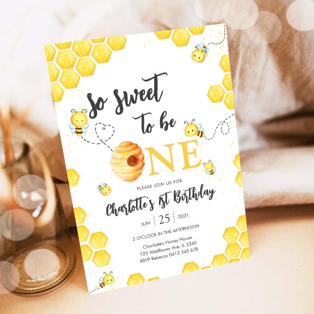 Invitación Tan Dulce Cumplir Un Año Abeja Melífera Cumpleaños (Subido por el creador)