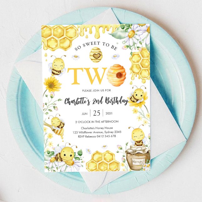 Invitación Tan Dulce Ser Dos Abeja Melífera Cumpleaños 2 (Subido por el creador)