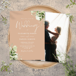 Invitación Tan Elegante Verde Floral Foto Boda 