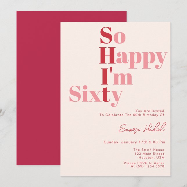 Invitación Tan feliz que soy SESENTA Fiesta de cumpleaños 60  (Anverso / Reverso)