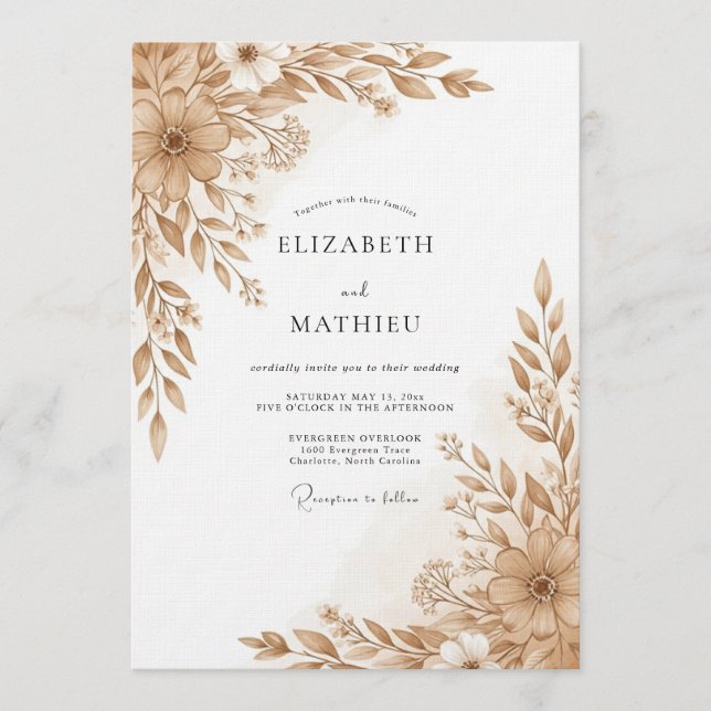 Invitación Tan Floral Brushstroke Romance Wedding (Anverso)