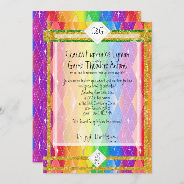 Invitación ¡Tan gay! Argyle de arcoíris, boda de monograma br (Anverso / Reverso)