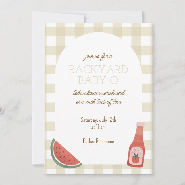 Invitación Tan Gingham Baby-Q Baby Shower Invitation (Anverso)