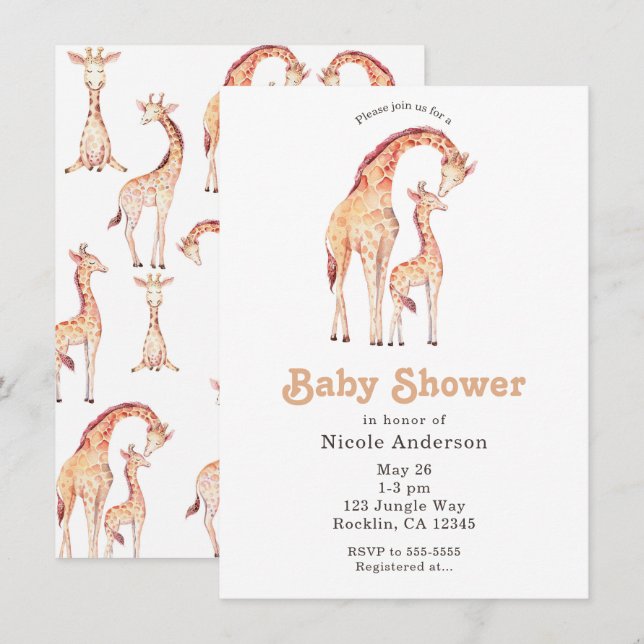 Invitación Tan Giraffes Baby Shower Caprichoso (Anverso / Reverso)