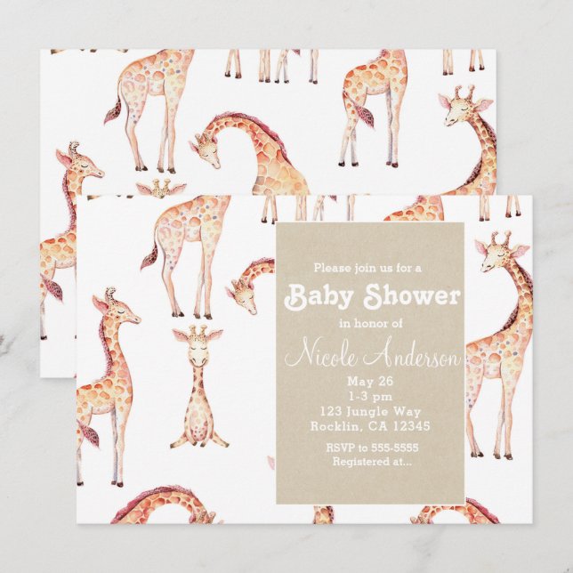 Invitación Tan Giraffes y Kraft Safari Baby Shower Caprichoso (Anverso / Reverso)