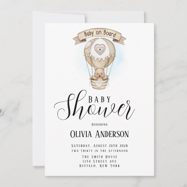 Invitación Tan globo aerostático Teddy Bear Baby Shower (Anverso)